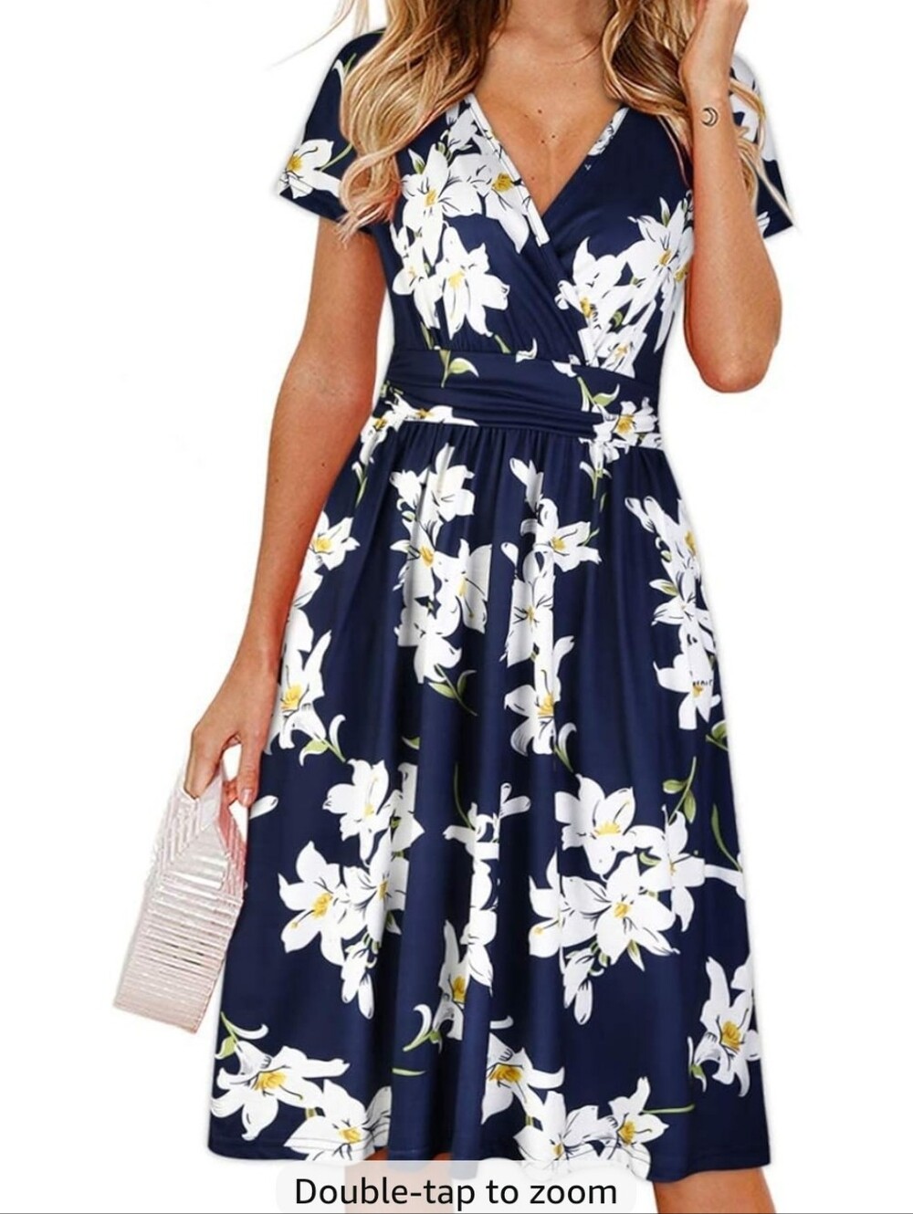 Ouges Floral Wrap-Front Navy Midi Dress with White Lily Print